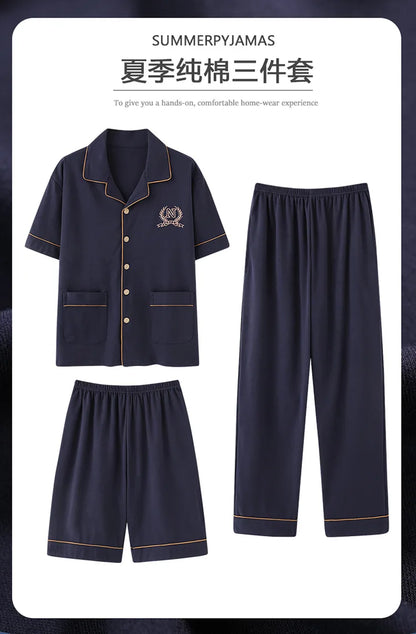 2023 New Cotton Sleepwear Men's 3 Pieces Set Homewear Plus Size 4XL Cardigan Nightwear Short Sleep Tops & Shorts & Long Pants