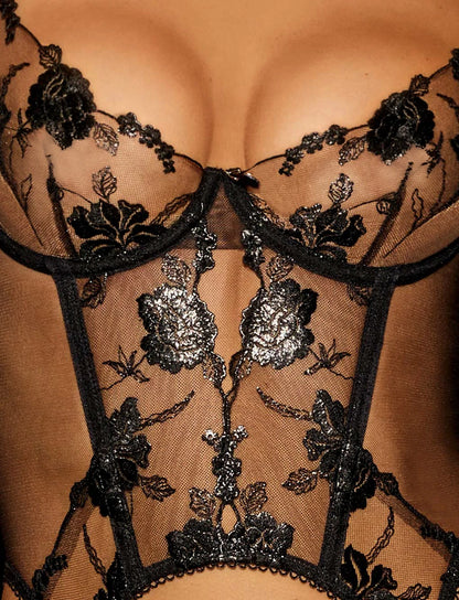 Floral Embroidered Boned Corset Lingerie Set Sheer Mesh Underwire Bustier Garter Straps Waist Cincher Romantic Night Clubwear