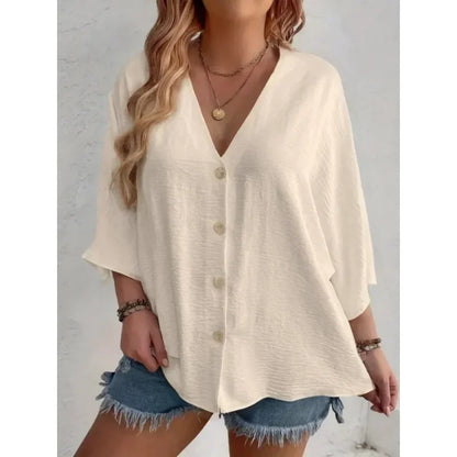 Plus-size Women's T-shirt Solid Color Breathable Spring/summer V-neck Button Travel Casual Wear with European and American Style