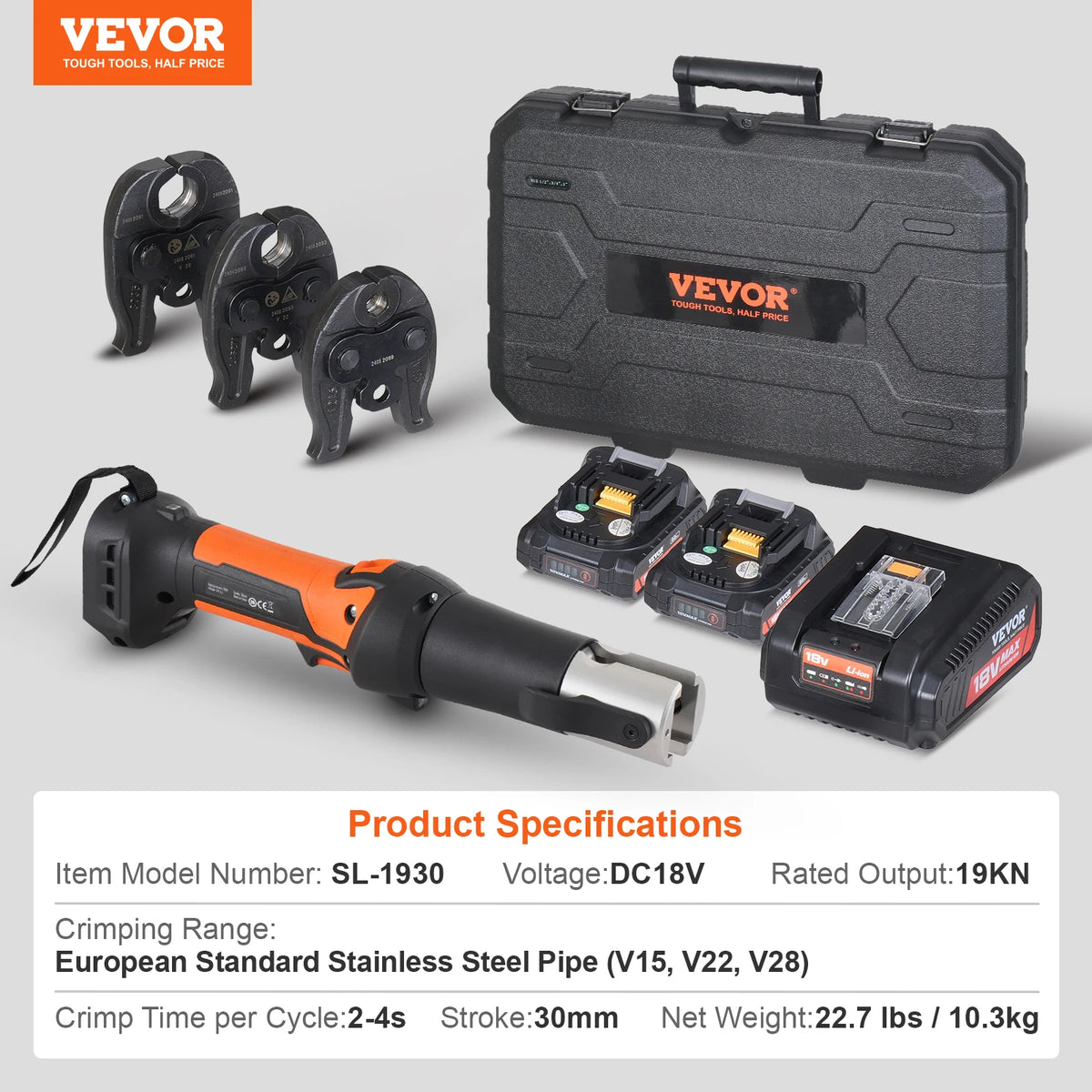SucceBuy Pro Pressverktyg och Batteri Kit Elektriskt Rörpressningsverktyg med V15 V22 V28 Backar