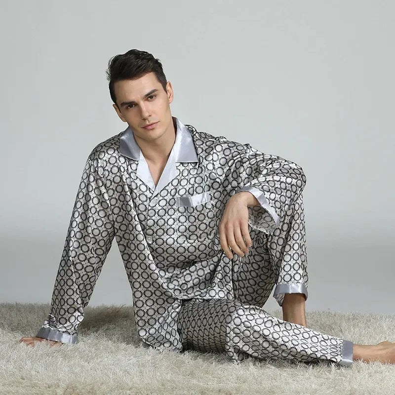Herr Silk Satin Pyjamas 2-delad – Långärmad Topp & Byxor Tryckt Mönster, Svart/Röd/Marinblå