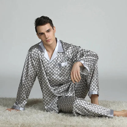 Herr Silk Satin Pyjamas 2-delad – Långärmad Topp & Byxor Tryckt Mönster, Svart/Röd/Marinblå