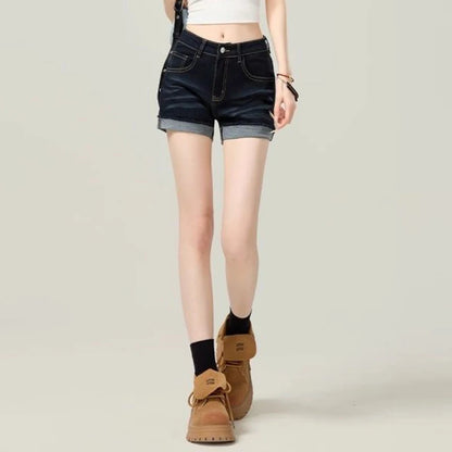 Summer Women Retro Dark Blue Hot Shorts Girls Korean Skinny Thin Denim Pants Lady Casual Fashion High Waist Short Jeans