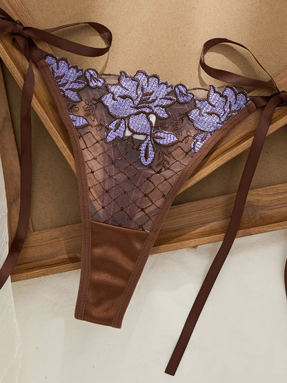 Limited Edition Spets Lingerie Set – Brun & Lila, Rosbrodyr, Genomskinlig BH & Stringtrosa