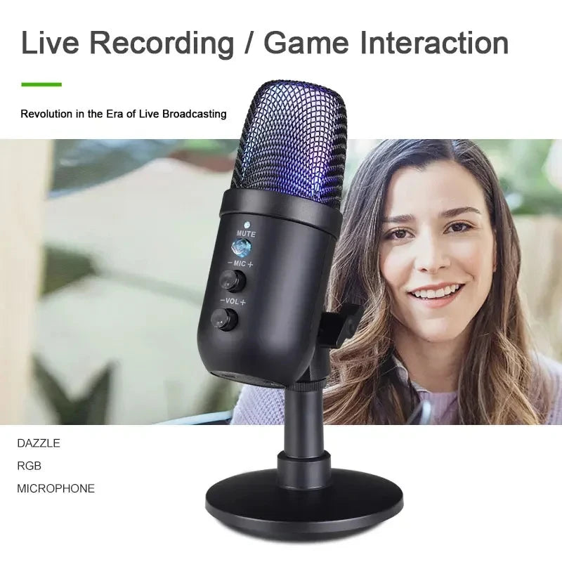USB Gaming Microphone for PC Condenser Podcast Mic for Studio Recording Headphone Jack RGB Noise Cancellation with Mute Button