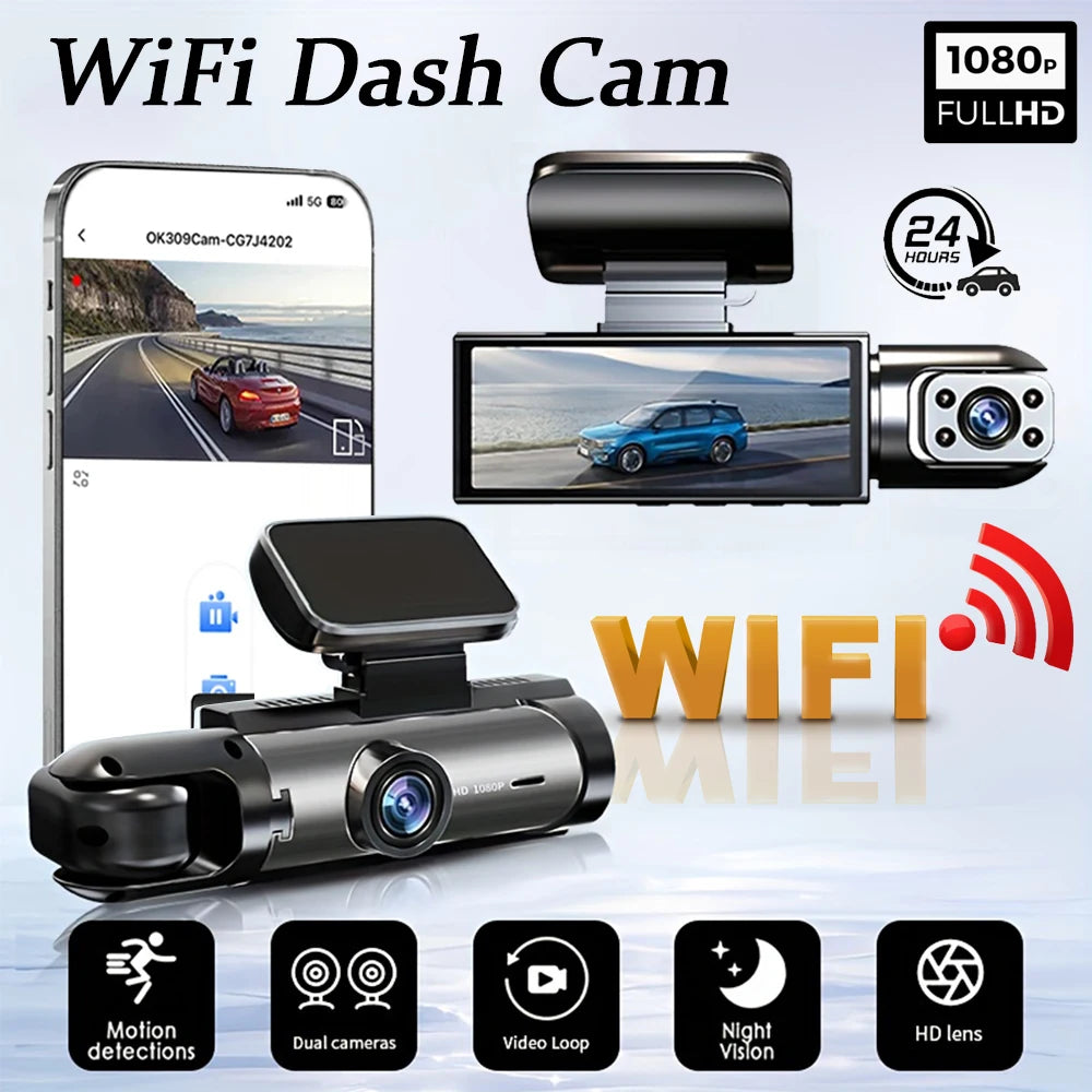 Dashkamera 1080P WiFi – Dubbel Kamera Fram & Inuti, Nattseende, Loop-inspelning