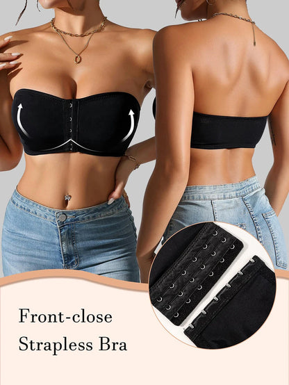 Plus Size Women's Front Fastening Bandeau Bras Strapless Push Up Wirefree Comfortable Bra Strapless Everyday Padded Bralette