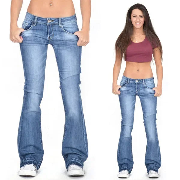 Women Jeans Strecth Jeans Washed Mid Waist Denim Flare Pants Streetwear Floor Length Pockets Denims Autumn Female Trousers