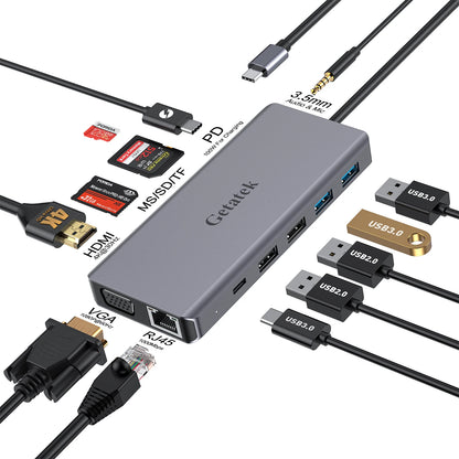 Getatek 13-i-1 USB-C-hubb med HDMI, VGA, RJ45 och kortläsare