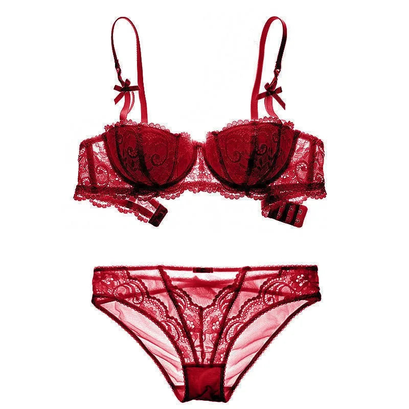 KUCLUT Jacquard lace big bow half-cup bra set, thin cotton cup breathable new small-bust push-up bra