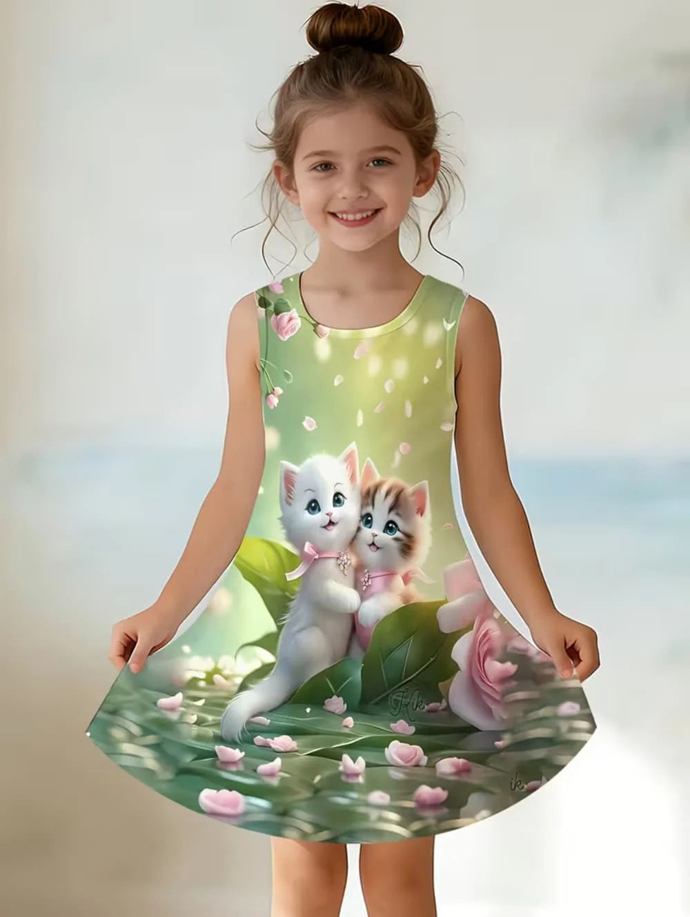 Girl Clothes Cartoon Cat Graphic Printed Girls' Princess Dress Summer Casual Dress for Girls Outfit O-Neck Birthday Gift Clothes