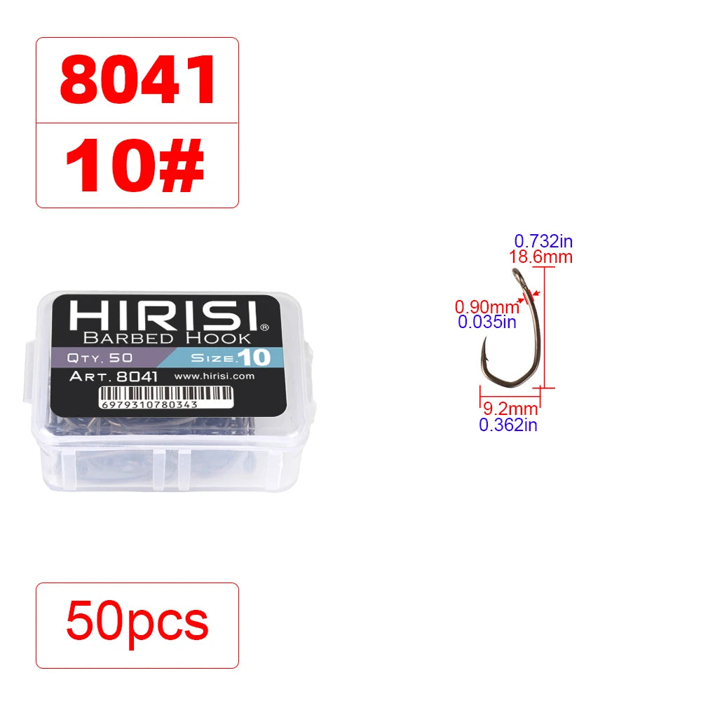 Hirisi 8041 50Pcs PTFE Coated Fish Hook High Carbon Stainless Steel Anti-Rust Sharp Point Barbed With Eye for Fishing Accessory