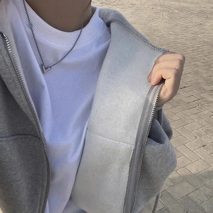 Zippered Long Sleeved Hooded Sweatshirt Loose Casual Simple Trendy Versatile Solid Color Fashionable Lazy Jacket Wholesale