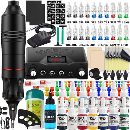Complete Cartridge Tattoo Pen Machine Kit DC Rotary Machine Pen with Cartridge Needles Power Supply Inks for Tattoo Beginner Set