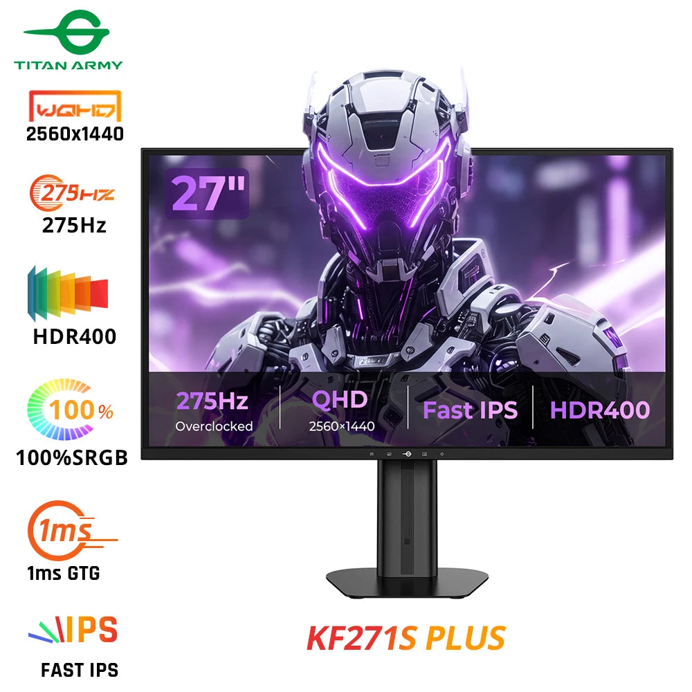 TITAN ARMY KF271S PLUS 27inch 240Hz Gaming Monitor - QHD Fast IPS, 2560x1440, HDR400, Height-Adjustable Stand, Dual RGB Edge Lights, DP/HDMI, Competitive Esports & Pro Gaming