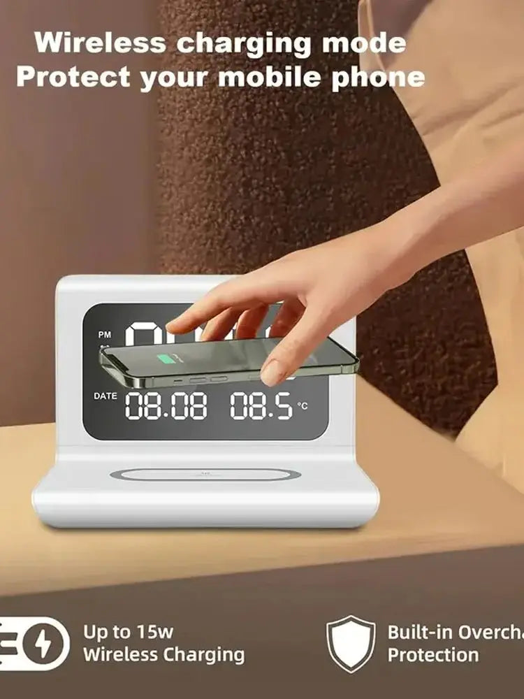Trådlös Laddare 15W med Väckarklocka & Termometer – Qi USB-C iPhone 17–11 Samsung Xiaomi, 3 Alarm Celsius/Fahrenheit CE RoHS