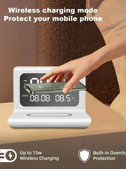 Trådlös Laddare 15W med Väckarklocka & Termometer – Qi USB-C iPhone 17–11 Samsung Xiaomi, 3 Alarm Celsius/Fahrenheit CE RoHS