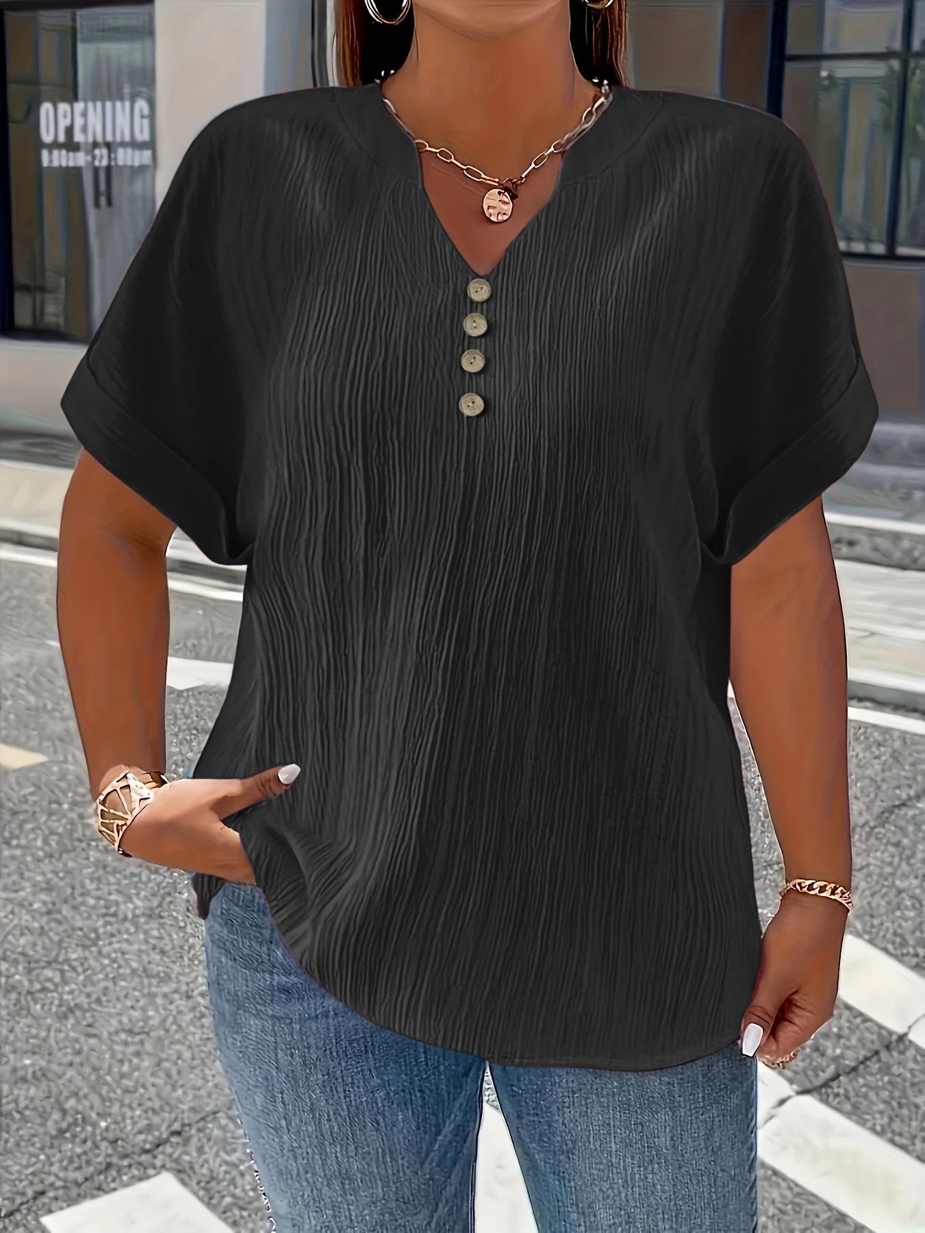 Dam Plus Size Krinklad Blus – Kortarm Knappdetalj Avslappnad Casual Året Runt, 10 Färger 1XL–5XL