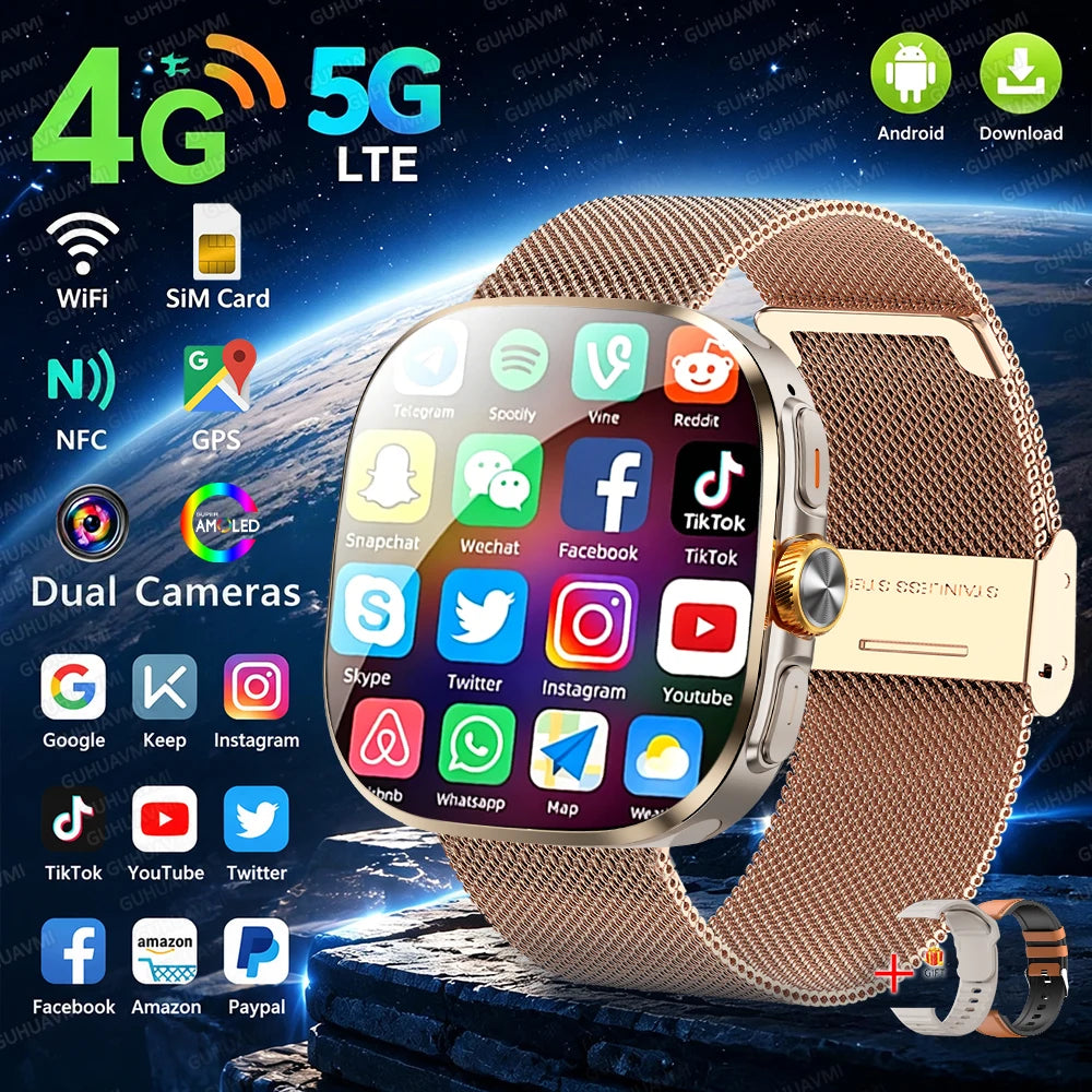 Smartklocka Herr 2026 – 4G/5G SIM, 8GB+128GB, 2,4" AMOLED, GPS, WiFi, Videosamtal & Android-appar