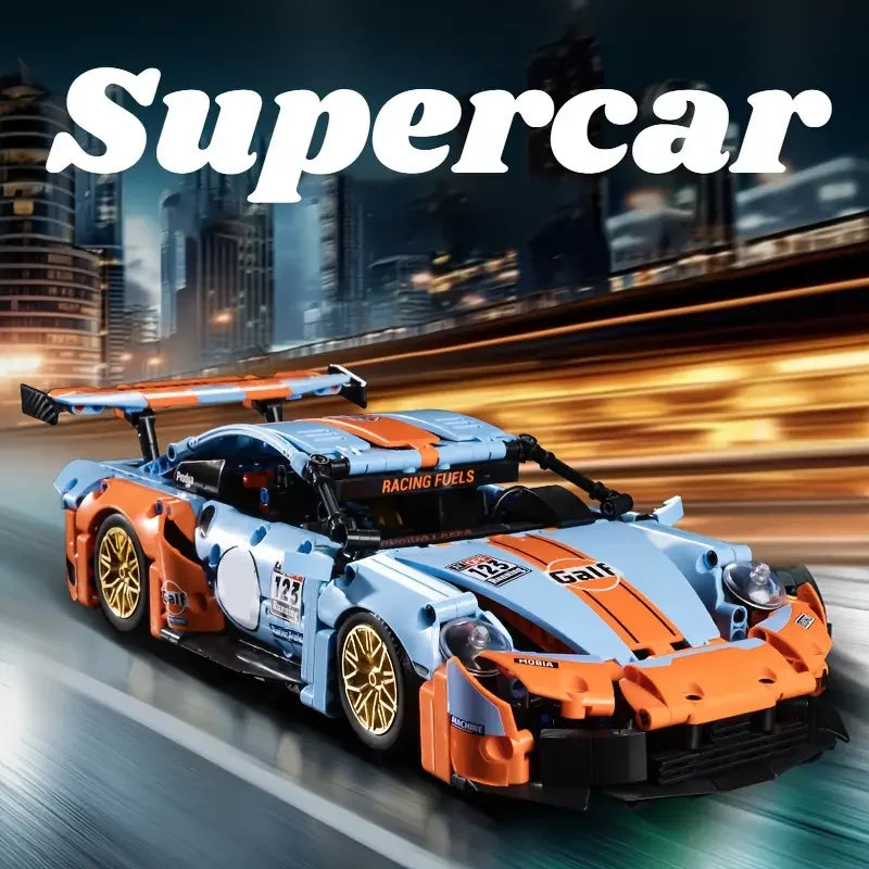 Blå bil byggstenar 1210 delar, avancerad racingmodell