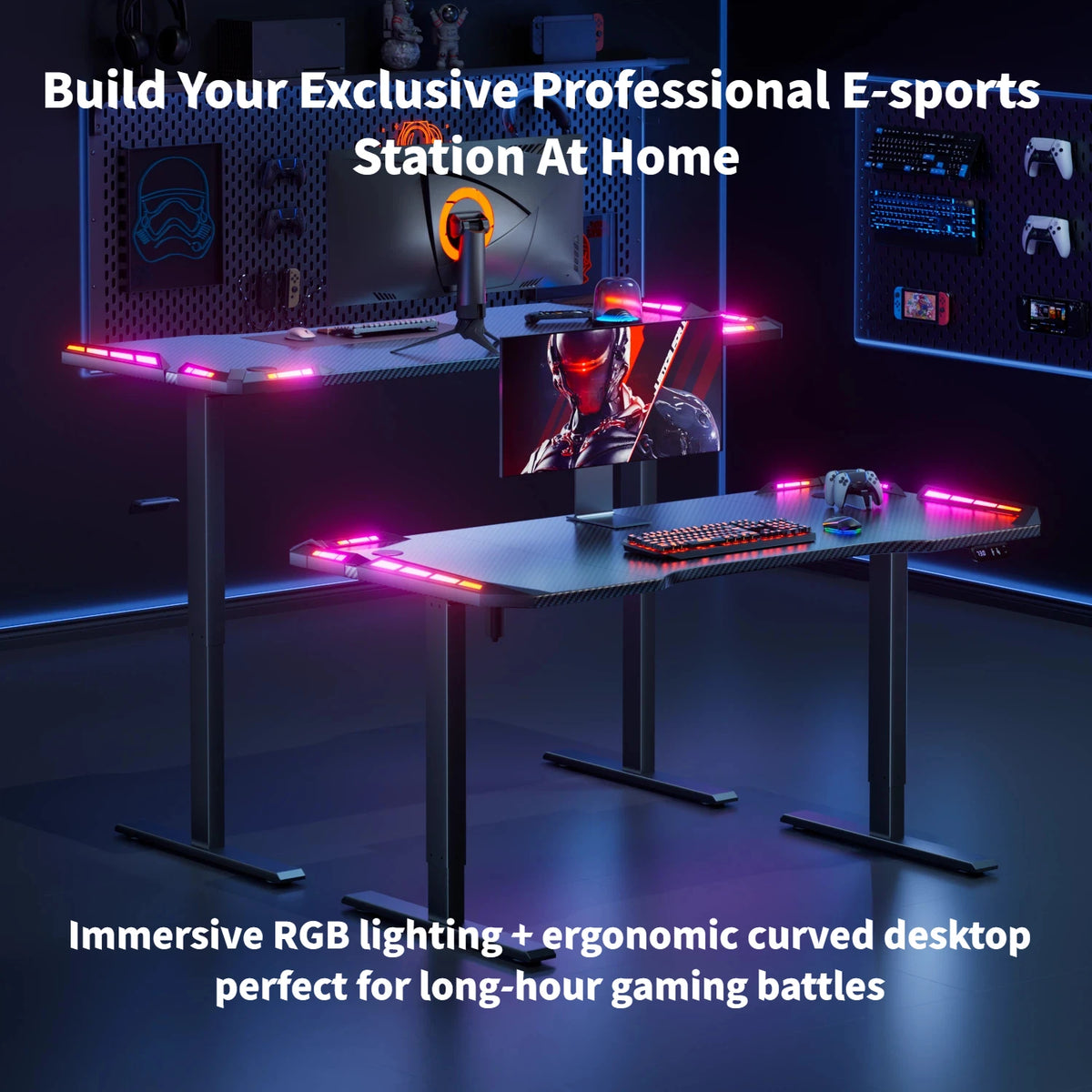 Electric Height Adjustable Gaming Desk With RGB LED Strip Lights, Built-In Cup Holder Headset Hook Ergonomic Computer Game Table with Carbon Fiber Surface, 2 Memory Positions and 3 Sizes