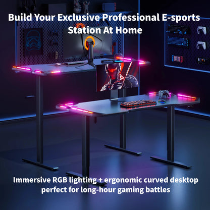 Electric Height Adjustable Gaming Desk With RGB LED Strip Lights, Built-In Cup Holder Headset Hook Ergonomic Computer Game Table with Carbon Fiber Surface, 2 Memory Positions and 3 Sizes