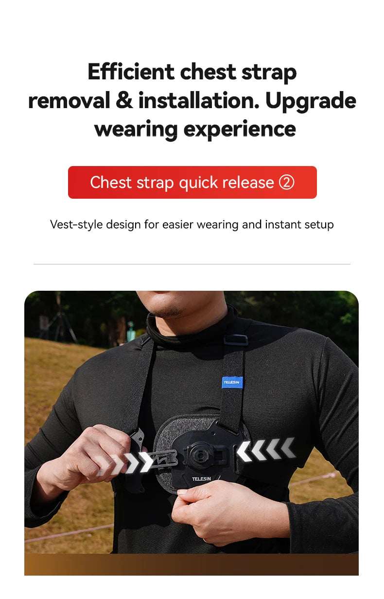TELESIN Quick-Release Chest Strap Mount for GoPro Hero 13 12 11 10 9 8 7 Insta360 SJCAM DJI OSMO Action 5 4 3 Chest Belt Mount
