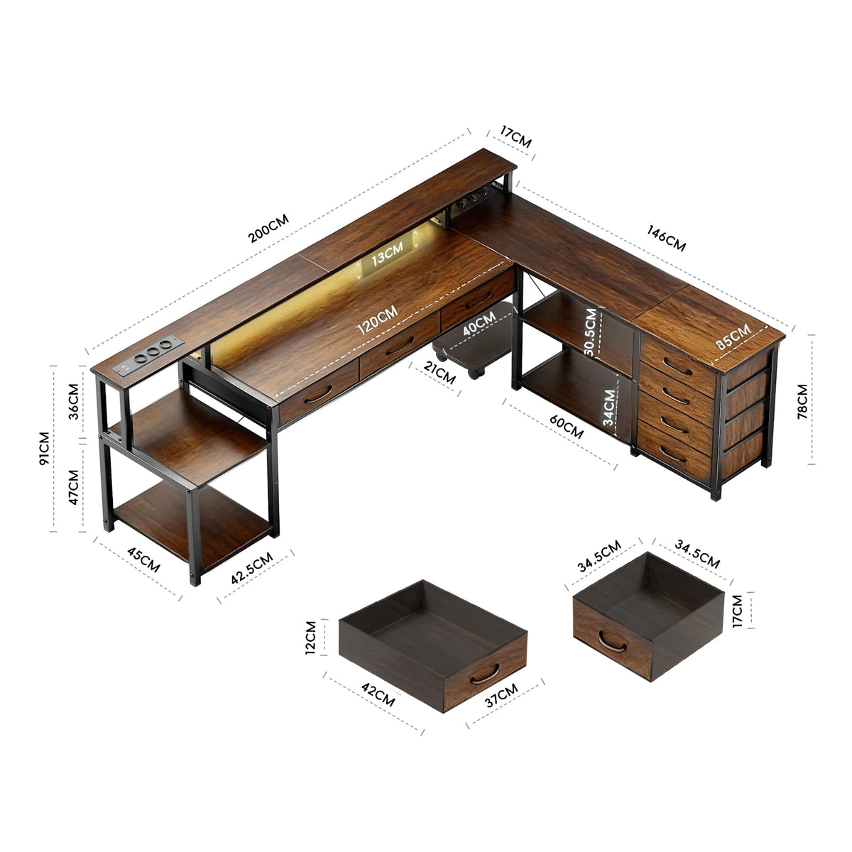 Reversible L-Shaped Gaming Desk 148cm Ultra-Wide Rgb Led App 2*Socket USB 7 Drawers Brown Grey Monitor Stand
