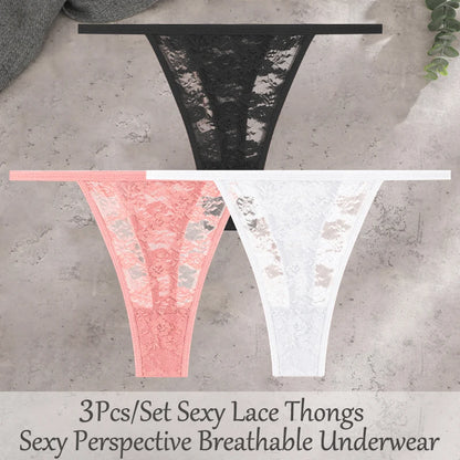 3Pcs/Set Sexy Lace Floral Panties For Women Solid Color Transparent Underwear Female Lace Perspective Hollow Out G-string Thongs