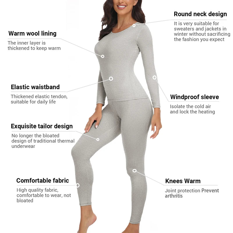 Thermal Underwear Set for Women Long Johns Base Layer Set Warm Top Bottom for Winter Round Neck Lingerie