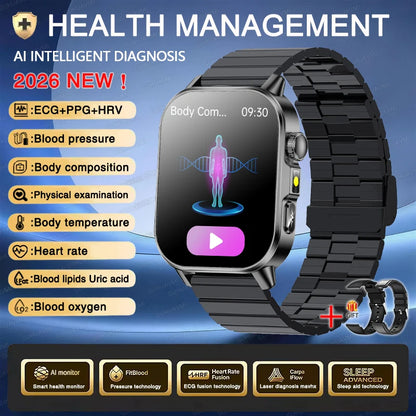 2026 ECG+PPG Daily Health Smart Watch Men Blood Fat Uric Acid Heart Rate Blood Oxygen Bluetooth Call Wellness Tracker Smartwatch