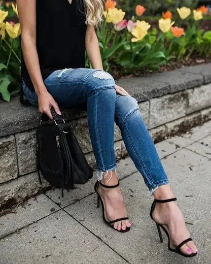 Women Jeans Denim Pencil Pants Pockets Streetwear Slim Mom Holes Punk Sexy Sheath High Waist Washing Distressed Ankle Length