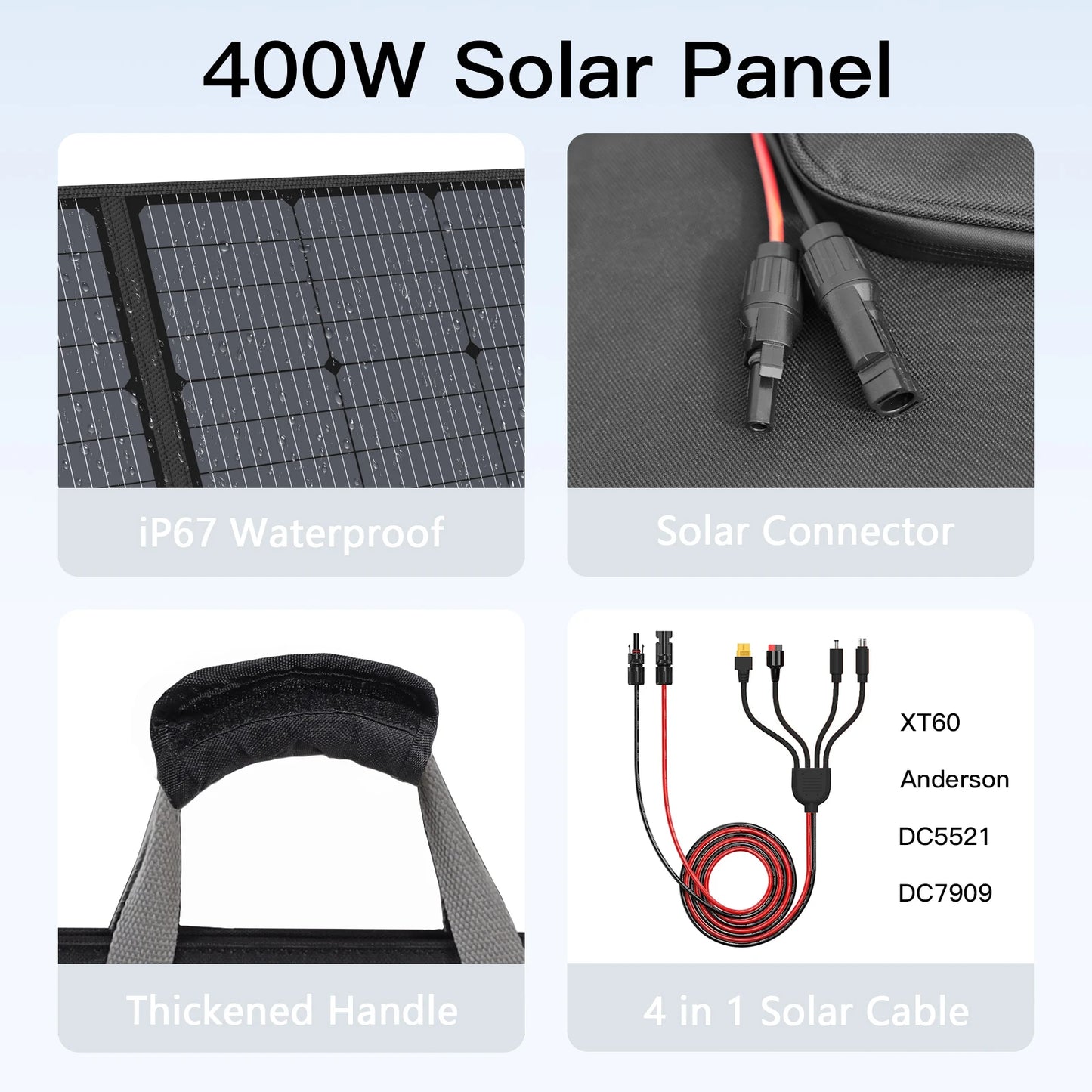 MHPOWOS Portabel Solpanel – 110W/220W/400W, Monokristallin 23,5%, IP67, Kickstands, Jackery/EcoFlow/Bluetti, Camping/Husbil/Off-Grid, Multi-lager