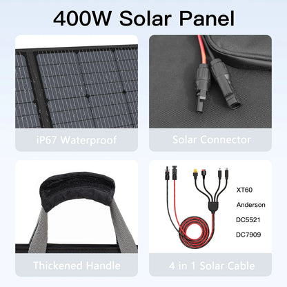 MHPOWOS Portabel Solpanel – 110W/220W/400W, Monokristallin 23,5%, IP67, Kickstands, Jackery/EcoFlow/Bluetti, Camping/Husbil/Off-Grid, Multi-lager