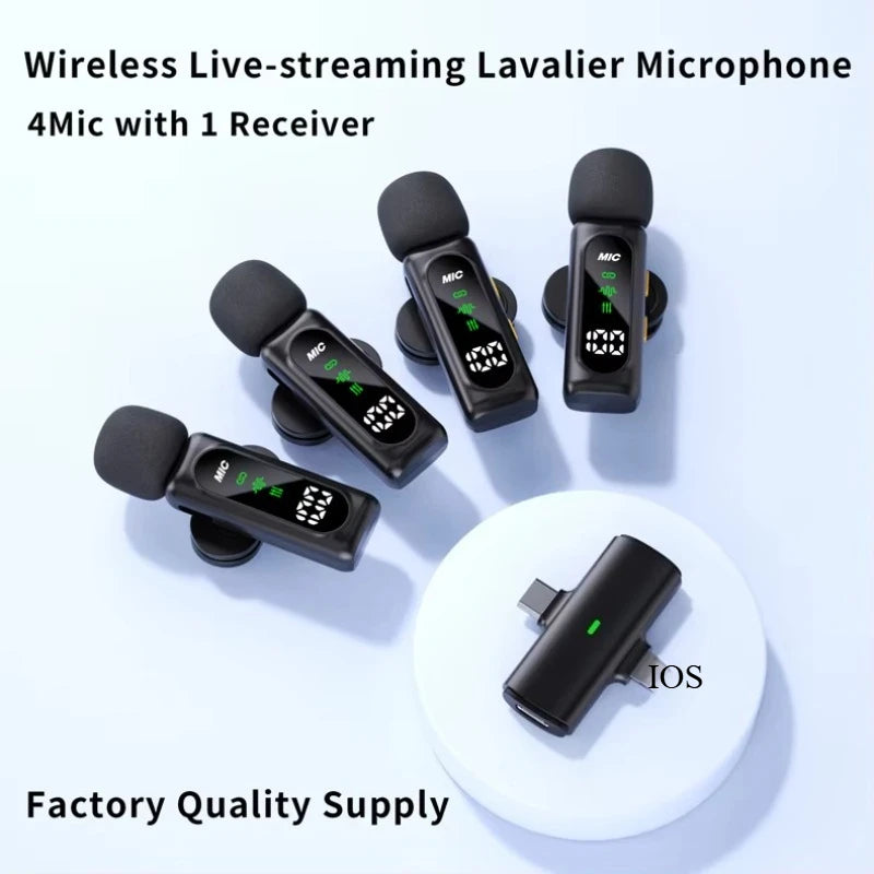 Wireless Lavalier Microphone Mini Mic For iPhone Android Portable Audio Video Recording Live Broadcast Gaming With 4 Receive Mic