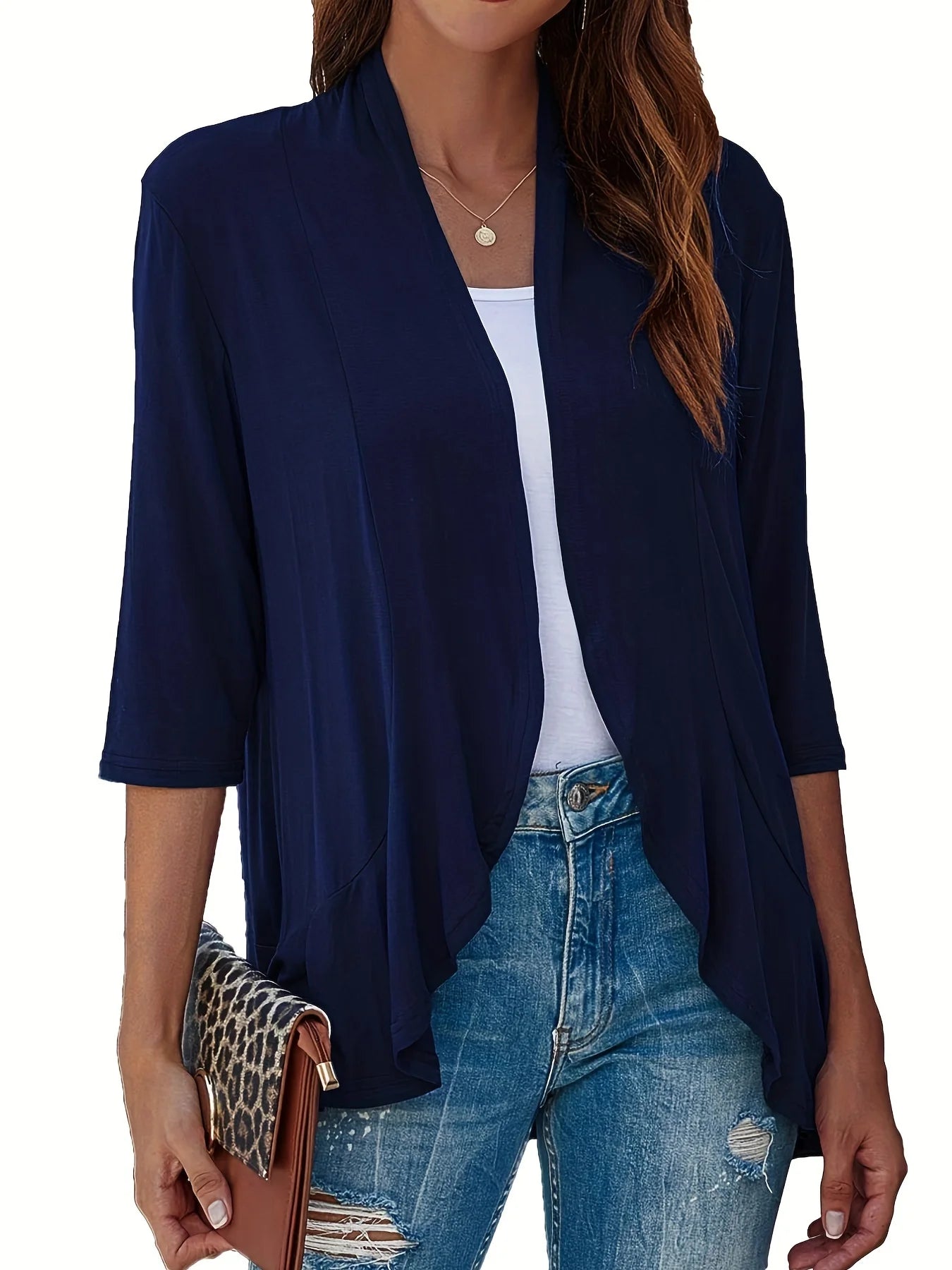 Dam Plus Size Kofta V-ringning – Lös Plissé Volangkant 3/4-ärm Casual Vår/Sommar/Höst, 3 Färger 1XL–5XL