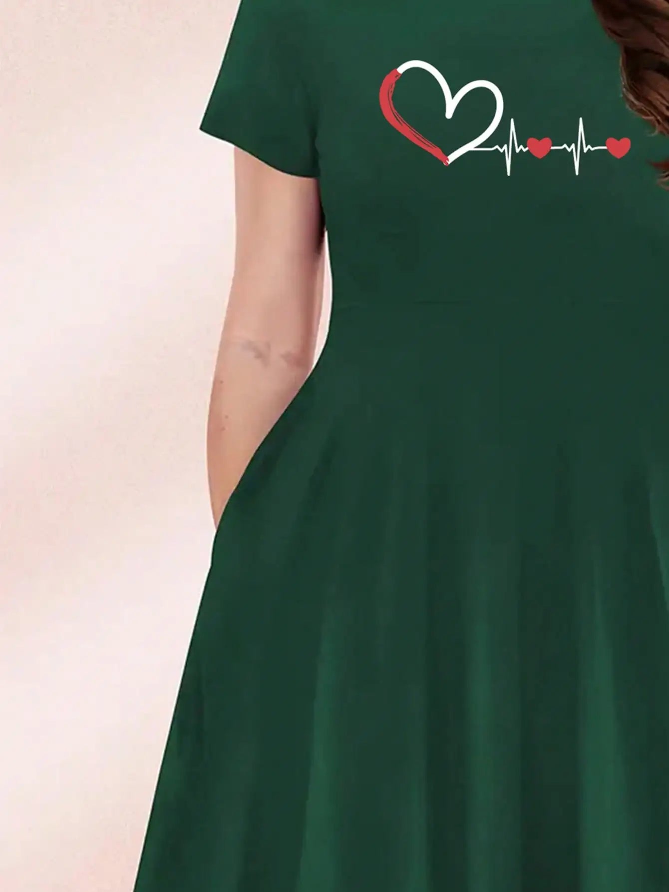 2026 Women's Four Seasons Love at First Sight Heartbeat Printed Casual Loose Black Short Sleeved Large Short Skirt Dress