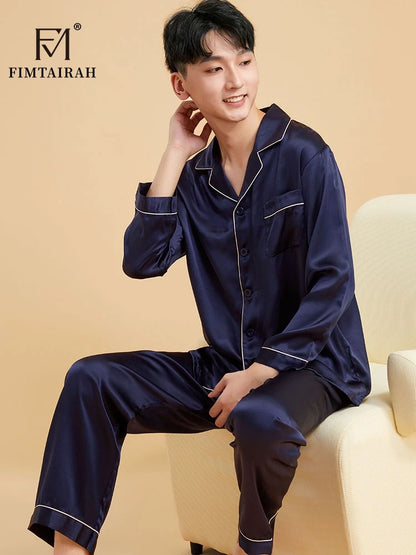 Fimtairah Real 19MM 100% Mulberry Silk Pajamas Men's Autumn  Hangzhou Solid Color heavy Silk Home Wear Men's