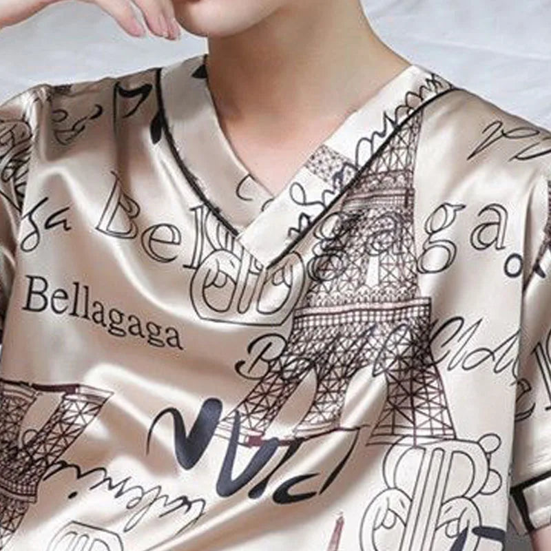 Herr Pyjamas Is-Silk – Kortärmad Tvådelad Lös Koreansk Stil, 3 Färger L–3XL