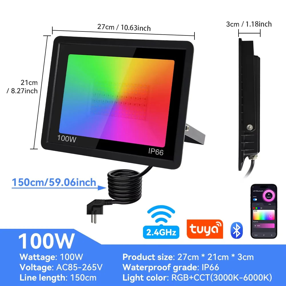 Tuya Smart RGB LED Strålkastare 100W – WiFi, App-styrd, RGB+CCT 3000–6000K, Vattentålig, EU-lager