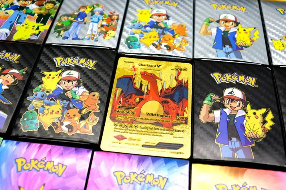 •55 pcs Pokemon Metal Gold Black Vmax GX Card Box Mewtwo Charizard Pikachu Rare Collection Battle Trainer Children Toys Gift