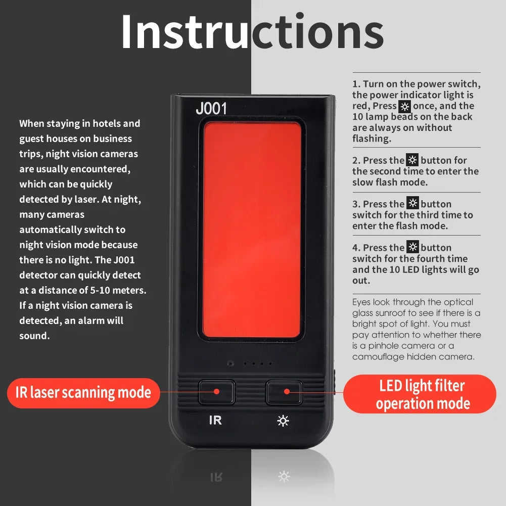 J001 Hidden Camera Detectors & Camera Detector, Anti Spy Camera Finder, Infrared Scanner, Anti-Peeping, 10X Search Speed.