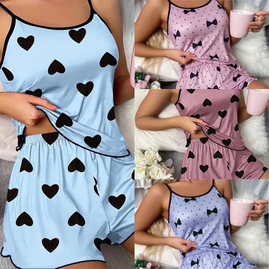 Dam Pyjamas Set Is-Silk – Hjärttryck T-shirt & Shorts Sommar, Lila & Blå