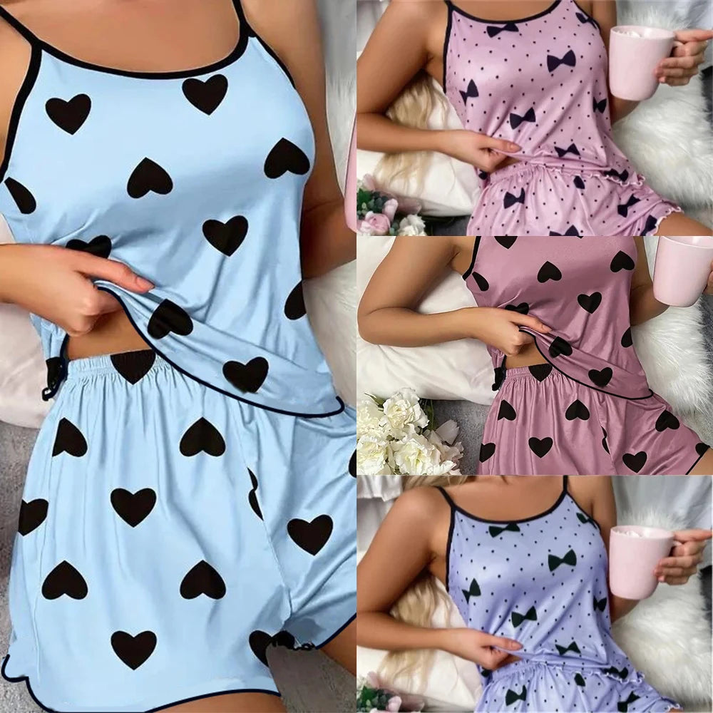 Pyjamasset dam med hjärttryck – överdel och shorts, M–XL