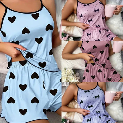 Pyjamasset dam med hjärttryck – överdel och shorts, M–XL