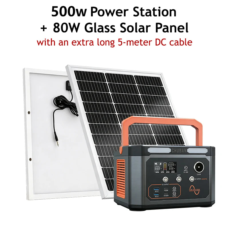 Portable Power Station 500W Optional 80W Rigid Solar Panel with 5m Extension Cable Outdoor Solar Generator for Camping RV Emergency Backup Power