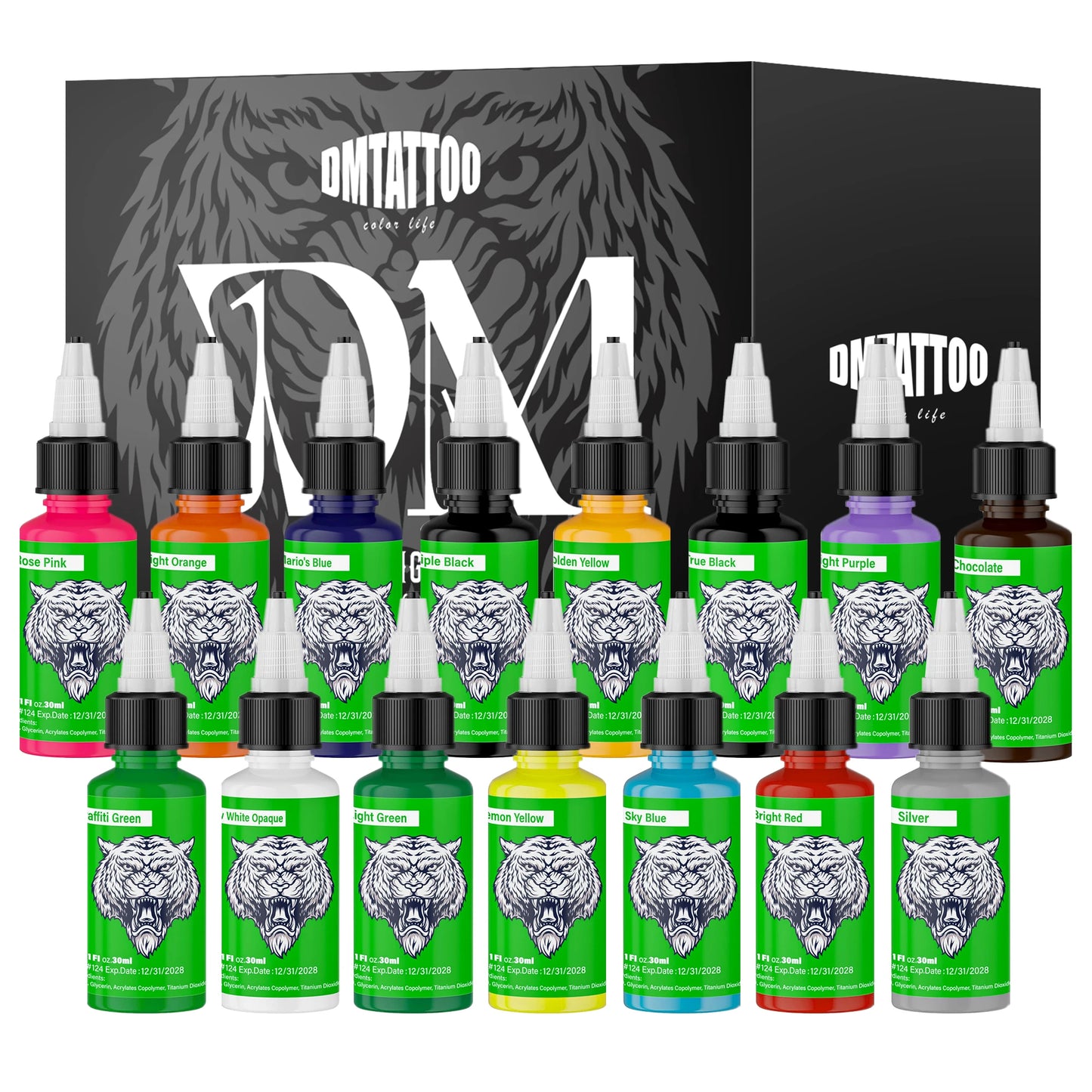 DM Tattoo Ink 15 Color 1OZ/Bottle Natural Plant Extract Pigment Body Painting Long Lasting No Color Loss Professional Tattoo Ink