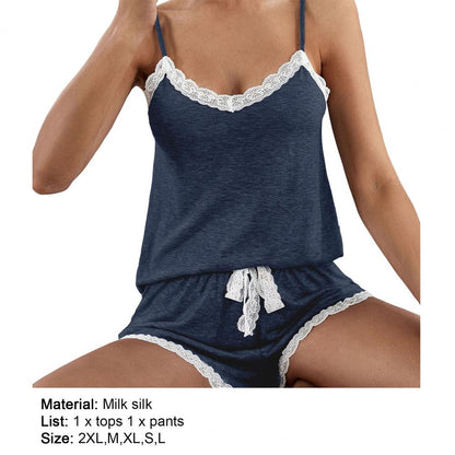 SANWOOD pyjamasset dam med spets – V-ringat linne och shorts, S–2XL
