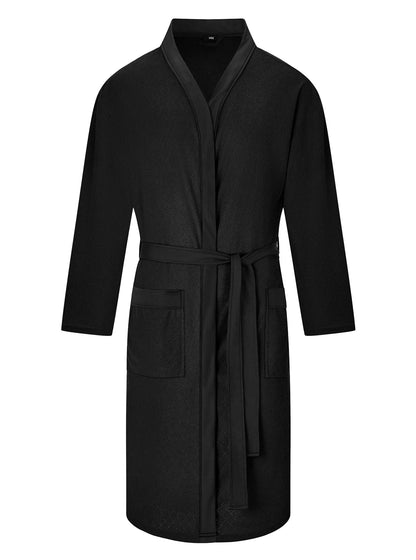 Men's Twill Fabric Long Bathrobe with Belt Design, Double Pockets, Casual Home Pajamas, Loose Fit, Hotel Resort Style, Nightwear