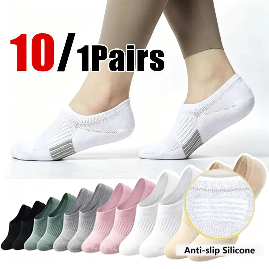 1/10 Pairs Women Breathable Mesh Invisible Ankle Socks Summer Lightweight Breathable Solid Color Cushioned Sports Leisure Socks